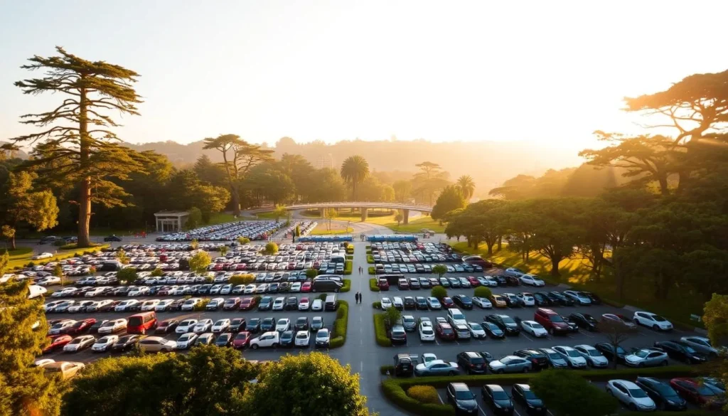 A sprawling expanse of paved lots nestled amidst the lush greenery of Golden Gate Park, bathed in the warm glow of a sun-dappled afternoon. Rows of vehicles neatly arranged, awaiting their human counterparts to embark on a day of exploration. Towering trees line the perimeter, their branches casting gentle shadows across the scene. A serene, inviting atmosphere beckons visitors to park their cars and venture forth, immersing themselves in the park's enchanting wonders.