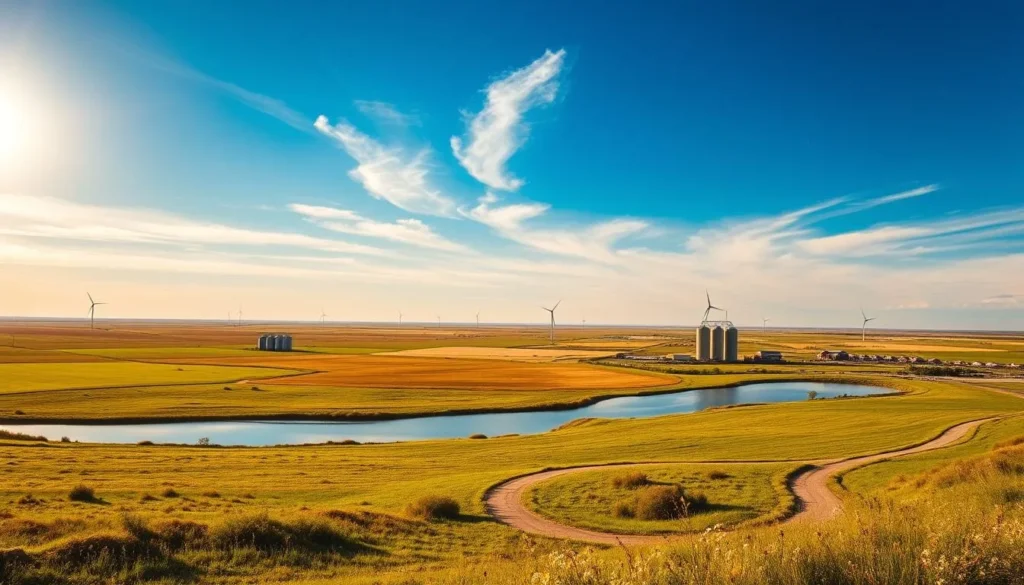A sprawling landscape of undulating plains, dotted with windmills and silos, unfolds beneath a vibrant azure sky. In the foreground, a tranquil lake reflects the surrounding scenery, its calm waters inviting exploration. Meandering pathways lead visitors through lush green meadows, where wildflowers sway gently in the breeze. In the distance, the iconic grain elevators of Ogallala stand tall, a testament to the region's agricultural heritage. The warm, golden light of the sun filters through wispy clouds, casting a serene, nostalgic atmosphere over the entire scene. This is Ogallala, Nebraska's western gem, a place of natural beauty and enduring charm.