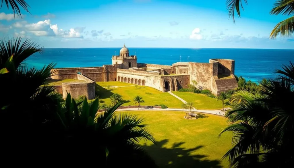 A sprawling military fort stands proudly on a verdant headland, its weathered stone walls and sturdy bastions overlooking the shimmering azure waters of the Pacific. Sunlight casts a warm glow across the historic structures, highlighting intricate architectural details and the rugged, time-worn texture of the masonry. In the foreground, lush tropical foliage frames the scene, casting dappled shadows on the sun-dappled lawn. A sense of timeless grandeur and strategic significance permeates the landscape, hinting at the fort's storied past as a vital coastal defense installation. The overall mood is one of tranquil contemplation, inviting the viewer to imagine the stories and events that have unfolded within these hallowed grounds.