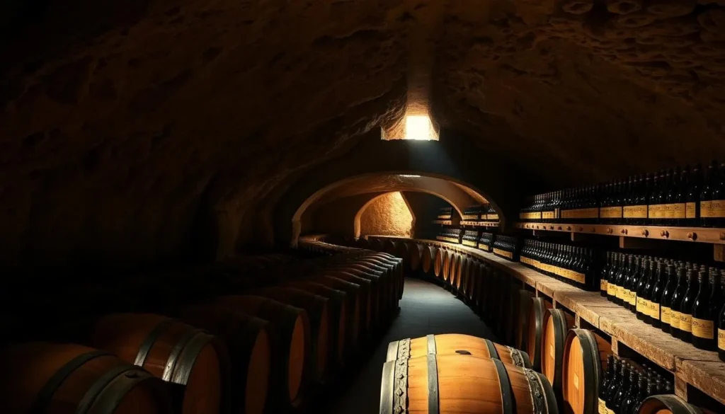A sprawling network of dimly lit limestone caves, the troglodyte cellars of the Loire Valley wind beneath verdant hillsides. Massive wooden barrels line the cavernous interiors, casting long shadows in the soft ambient light. Rows of dusty wine bottles rest on rustic shelves, hinting at the centuries-old winemaking traditions that have flourished in this region. Warm, earthy tones permeate the scene, conveying a sense of history and tradition. A single shaft of sunlight filters through a distant opening, illuminating the intricate textures of the natural stone walls. The overall atmosphere is one of timeless elegance and quiet contemplation, befitting the prestigious wines that mature within these ancient, underground chambers.