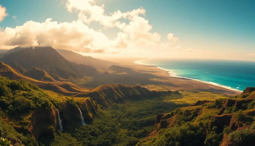 A sprawling panorama of the Big Island's diverse landscapes, bathed in warm, golden sunlight. In the foreground, lush, verdant valleys peppered with vibrant flora and cascading waterfalls. The middle ground reveals rugged volcanic peaks, their jagged edges contrasted by wispy clouds drifting overhead. In the distance, a serene coastline meets the turquoise waters of the Pacific, fringed by pristine white-sand beaches. The scene exudes a sense of tranquility and wonder, inviting the viewer to explore the island's natural splendor.