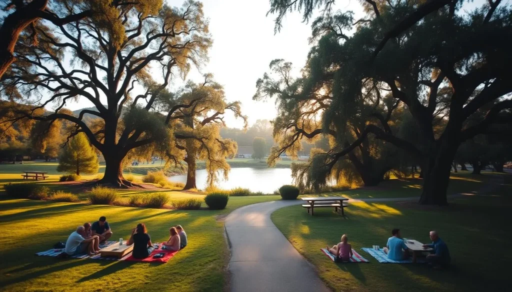 A sprawling picnic area nestled in the lush greenery of Kensington Reservoir, California. In the foreground, a group of friends and families gather around neatly laid-out picnic blankets, enjoying a delightful alfresco meal. The middle ground showcases a gently winding path, inviting visitors to explore the tranquil surroundings. In the background, towering oak trees sway gently, casting a dappled shade over the scene. The warm, golden sunlight filters through the leaves, creating a cozy and relaxing atmosphere. A serene pond reflects the natural beauty, providing a calming focal point. This idyllic picnic area offers the perfect setting for a day of leisure and rejuvenation.