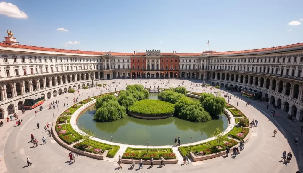 A sprawling, picturesque piazza in Padua, Italy, Prato della Valle is a stunning elliptical square surrounded by a double ring of statues. On a bright, sunny day, capture the grand, stately architecture lining the square, with its baroque facades and elegant arches. In the center, a lush, verdant island is bisected by a tranquil canal, its banks dotted with weeping willows and blooming flowers. Pedestrians stroll leisurely along the outer ring, taking in the serene ambiance and architectural grandeur of this magnificent public space, the largest square in Italy.