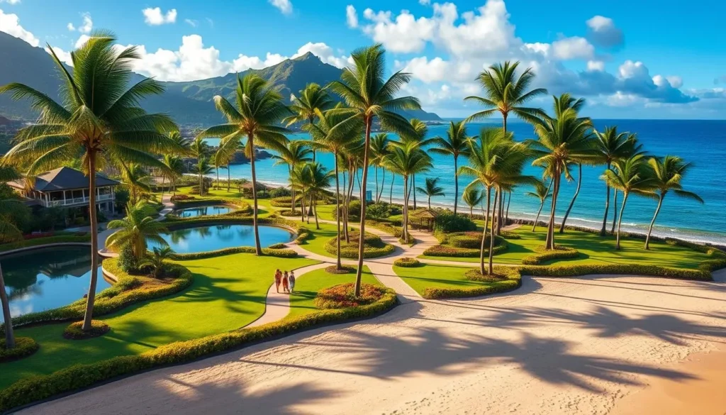 A sprawling tropical paradise nestled along the lush Kauai coastline, the Grand Hyatt Resort Area invites exploration. Capture the tranquil lagoons and swaying palm trees in a mid-morning scene, the warm sunlight gently illuminating the soft, sandy beach. In the middle ground, guests stroll leisurely amid lush landscaping and meandering pathways, while in the distance, the stunning Pacific Ocean sparkles under a clear, azure sky. Crafted with an eye for detail and a sense of relaxed island charm, this picturesque resort setting offers the perfect complement to the Maha'ulepu Heritage Trail adventure.