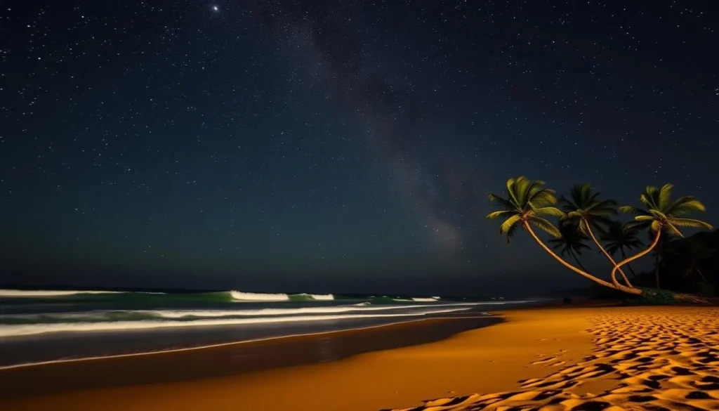 A starry night sky above the serene Polihale Beach, on the western coast of Kauai, Hawaii. In the foreground, the golden sand glistens under the soft moonlight, while in the distance, the crashing waves of the Pacific Ocean can be seen. The Milky Way stretches across the inky black sky, its celestial brilliance reflected in the calm waters. A few palm trees sway gently in the evening breeze, adding to the tranquil atmosphere. This idyllic scene captures the essence of overnight camping at Polihale State Park, where visitors can immerse themselves in the beauty of the Hawaiian night sky.