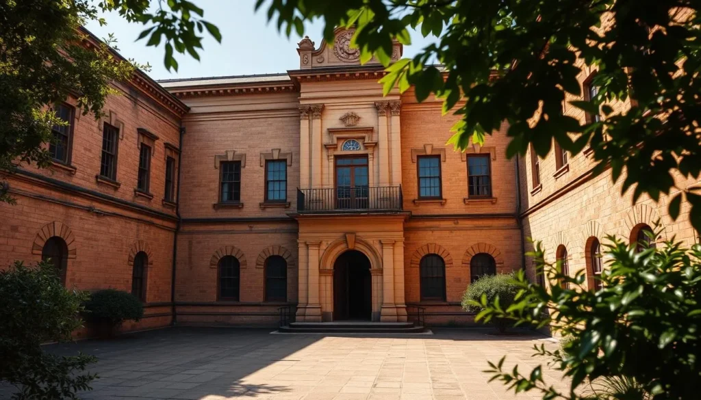 A stately, sandstone-brick edifice standing tall, its imposing facade casting shadows across a sun-dappled courtyard. Intricate architectural details adorn the weathered walls, evoking a bygone era. Lush, verdant foliage frames the scene, softening the severe lines of the historic prison. A warm, golden light bathes the entire tableau, creating an inviting, almost serene atmosphere that belies the structure's grim past. Capture the captivating juxtaposition of beauty and history, showcasing Boggo Road Gaol as a hidden gem nestled within the vibrant city of Brisbane.