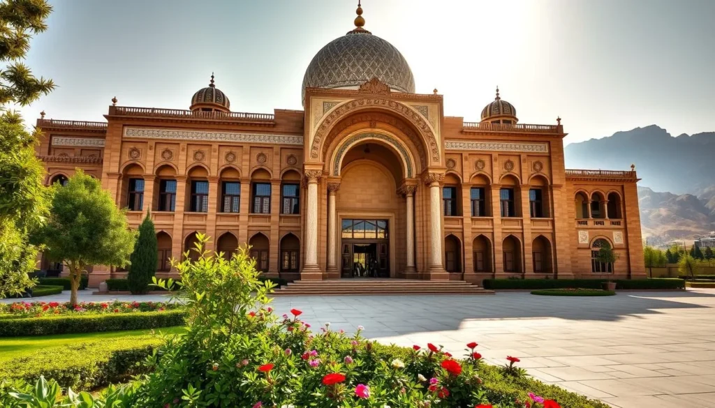 A striking exterior of the Herat National Museum, showcasing its magnificent Afghan architecture. The grand, domed entrance stands tall, adorned with intricate tilework and ornate columns. Sunlight streams through the arched windows, casting a warm glow over the museum's facade. In the foreground, a well-tended garden with lush greenery and vibrant flowers complements the building's elegant design. The middle ground reveals the museum's spacious courtyard, where visitors can explore the site's rich cultural heritage. In the background, the stunning mountain landscape of Herat provides a breathtaking natural backdrop, creating a harmonious blend of history, architecture, and environment.