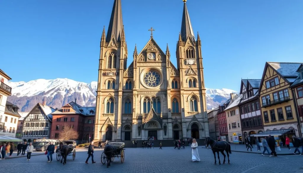 A stunning Gothic cathedral, the Central Church of Thun, stands majestically against a backdrop of snow-capped Swiss Alps. The imposing façade, adorned with intricate carvings and towering spires, commands attention. Sunlight streams through the stained-glass windows, casting a warm glow upon the ornate interior. Worshippers and visitors alike are drawn to the serene atmosphere, their footsteps echoing through the grand nave. The church's bell tower, a prominent landmark, dominates the skyline, its bells ringing out across the charming town. In the foreground, a cobblestone plaza bustles with activity, pedestrians and horse-drawn carriages creating a vibrant scene. This architectural masterpiece, a testament to Thun's rich history, stands as a must-visit destination for those exploring the delights of this picturesque Swiss town.