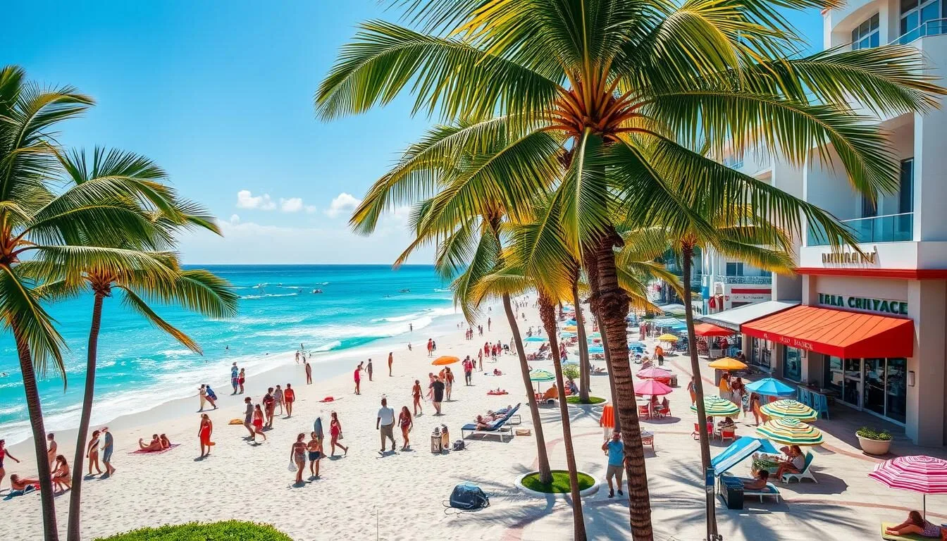 A stunning Miami Beach landscape with vibrant colors and lively activities. In the foreground, palm trees sway gently, casting soft shadows on the pristine white sand. In the middle ground, people stroll along the iconic Ocean Drive, admiring the Art Deco architecture and browsing upscale shops and restaurants. In the background, the turquoise waters of the Atlantic Ocean shimmer under the warm, golden sunlight. Beachgoers lounge on colorful umbrellas and towels, while water sports enthusiasts ride the waves. The scene exudes a sense of energy, relaxation, and the quintessential Miami Beach lifestyle.