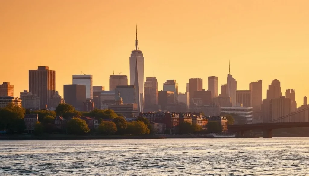 A stunning New York City skyline at golden hour, with the iconic skyscrapers of Manhattan rising majestically against a warm, hazy sky. In the foreground, the Hudson River reflects the vibrant colors, creating a serene and picturesque scene. The middle ground features the historic brownstones and tree-lined streets of Hoboken, New Jersey, inviting the viewer to imagine strolling along the waterfront. The background is dominated by the towering silhouettes of the Empire State Building, One World Trade Center, and other famous landmarks, bathed in the soft, golden light of the setting sun, creating a breathtaking and awe-inspiring panorama.