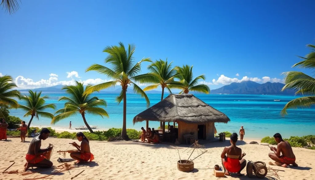A stunning Polynesian beachscape on a sun-drenched day. In the foreground, a group of locals engage in traditional weaving and carving, their intricate motions and vibrant costumes bringing the scene to life. In the middle ground, a traditional thatched-roof hut stands amidst lush palm trees, their fronds swaying gently in the warm ocean breeze. Beyond, the crystal-clear turquoise waters of the lagoon stretch out, framed by a distant volcanic mountain range silhouetted against a cloudless azure sky. Soft, diffused natural lighting illuminates the entire scene, creating a sense of tranquility and timelessness. Capture the essence of Polynesian culture and the idyllic natural beauty of Ua Huka Island.