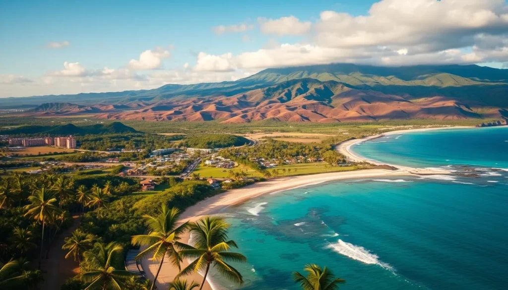 A stunning aerial shot of Maui Island, Hawaii, showcasing its lush, verdant landscapes and captivating coastline. In the foreground, crystal-clear turquoise waters lap against the sandy beaches, with palm trees swaying gently in the warm breeze. The middle ground features rolling hills and vibrant green forests, dotted with picturesque villages and resorts. In the background, the majestic volcanic peaks of Haleakala National Park rise up, their slopes bathed in soft, golden light. The scene is bathed in a warm, inviting glow, creating a serene and peaceful atmosphere that perfectly captures the essence of Maui's natural beauty.