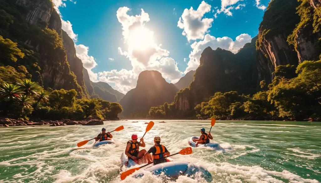 A stunning aerial view of Cagayan de Oro City, the adventure capital of the Philippines. In the foreground, a group of thrill-seekers whitewater rafting down the rushing Cagayan River, their paddles slicing through the turquoise waters. In the middle ground, towering limestone cliffs and lush, verdant forests frame the scene, creating a captivating natural backdrop. The sky is a brilliant blue, dotted with fluffy white clouds, and the warm, golden sunlight filters through, casting a soft, ethereal glow over the entire landscape. The overall atmosphere is one of excitement, adventure, and the boundless beauty of the great outdoors.