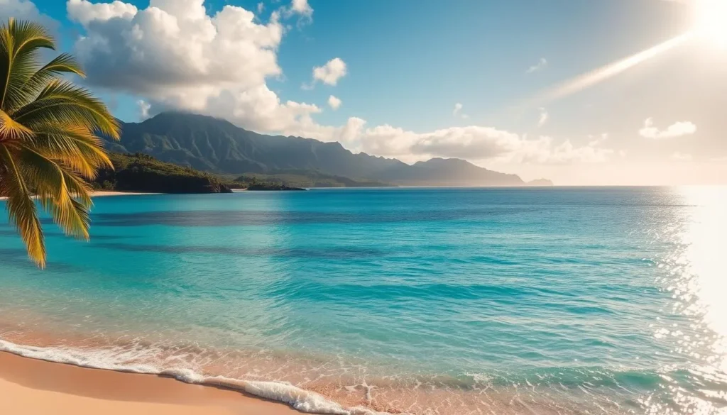 A stunning aerial view of Napili Bay Beach on the island of Maui, Hawaii. The crystal-clear turquoise waters of the Pacific Ocean gently lap against the pristine white sand beach, framed by lush, verdant palm trees swaying in the warm breeze. Sunlight filters through wispy clouds, casting a soft, golden glow over the serene scene. In the distance, rugged volcanic mountains rise up, creating a dramatic natural backdrop. The overall atmosphere is one of tranquility and natural beauty, inviting the viewer to imagine themselves relaxing on this idyllic tropical paradise.