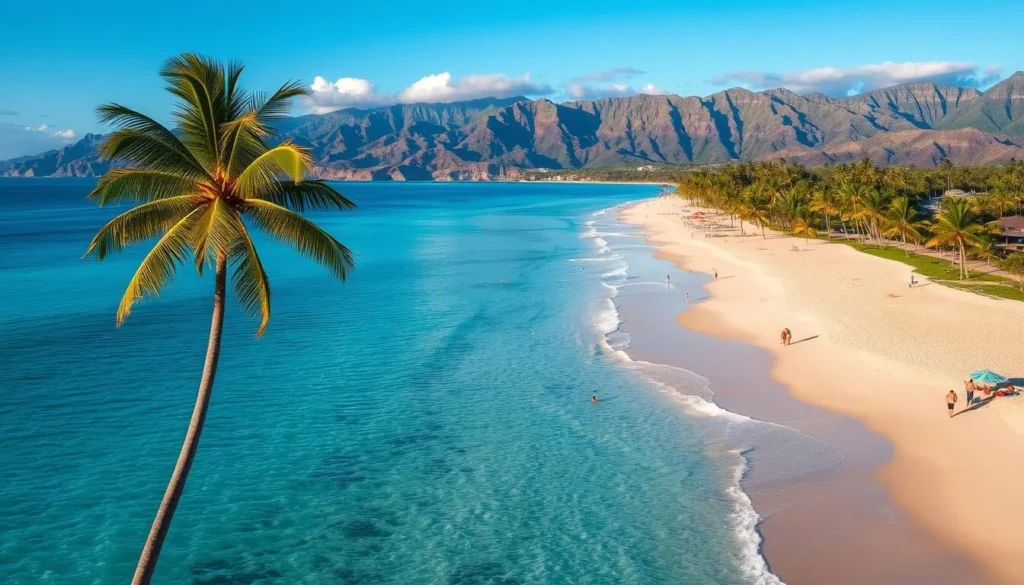 A stunning aerial view of Oahu's most picturesque beaches. The crystal-clear turquoise waters gently lap against pristine golden sands, framed by lush palm trees swaying in the gentle breeze. In the middle ground, beachgoers bask in the warm Hawaiian sun, some swimming, others strolling along the shoreline. In the distance, rugged volcanic mountains rise majestically, creating a breathtaking backdrop. The scene is bathed in soft, natural light, evoking a sense of tranquility and paradise. This image perfectly captures the essence of Oahu's best beaches, inviting viewers to imagine themselves immersed in this idyllic tropical escape.