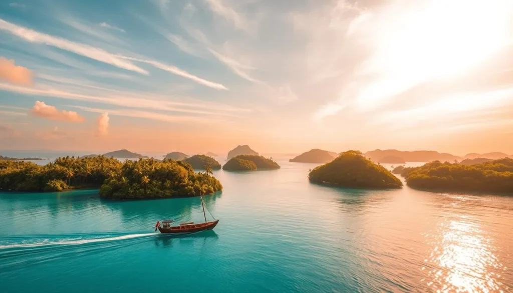 A stunning aerial view of Palau's tropical paradise, bathed in golden sunlight. Lush, verdant islands dotted with swaying palm trees, surrounded by turquoise waters that shimmer and sparkle. In the foreground, a small, traditional wooden boat glides across the calm lagoon, its reflection mirrored in the still surface. Wispy, ethereal clouds drift overhead, casting soft shadows over the scene. The warm, balmy atmosphere evokes a sense of tranquility and relaxation, inviting the viewer to imagine a weather-savvy adventure in this idyllic island nation.