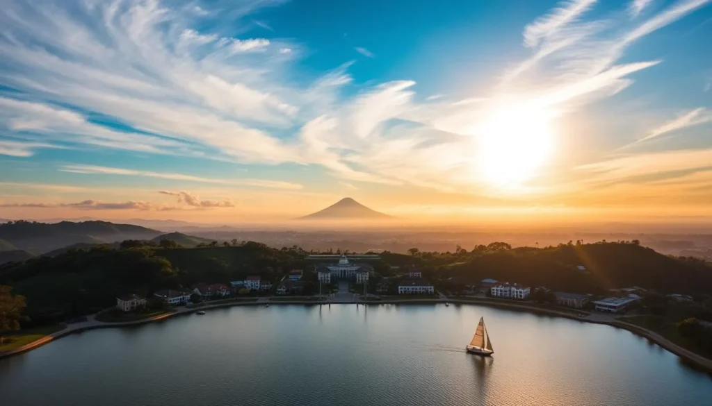 A stunning aerial view of Tagaytay City nestled amidst rolling hills and lush greenery. In the foreground, a picturesque lake reflects the vibrant hues of the sky, with sailboats gently gliding across its surface. The middle ground showcases the charming architecture of the city, a blend of modern and traditional structures set against a backdrop of the iconic Taal Volcano, its majestic silhouette commanding the horizon. Warm, golden sunlight filters through wispy clouds, casting a serene and inviting atmosphere over the entire scene. Capture the essence of this hidden gem in Cavite, a place of natural beauty and tranquility.