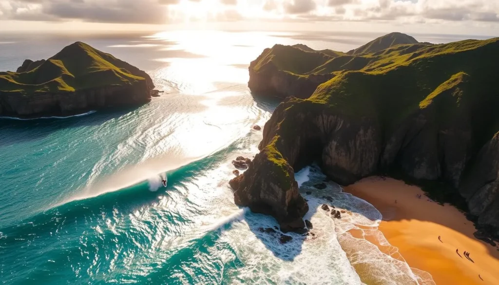 A stunning aerial view of Waimea Bay, Oahu, on a picturesque day. Sunlight dances across the turquoise waters as a surfer rides a towering wave, their board carving graceful arcs through the swell. The iconic rock formations that frame the bay create a dramatic natural amphitheater, with lush, verdant cliffs rising in the background. Beachgoers dot the golden sand, captivated by the powerful display of nature's might. Capture the energy, beauty, and tranquility of this renowned surf spot in Hawaii.