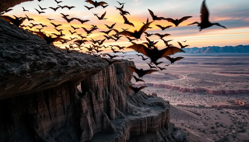 A stunning aerial view of the Carlsbad Caverns, as thousands of Mexican free-tailed bats emerge from the cave's entrance at dusk. The foreground showcases the silhouettes of the bats taking flight, their wings spread against the vibrant orange and pink hues of the evening sky. The middle ground features the dramatic limestone formations of the caverns, casting long shadows across the landscape. In the background, the vast desert terrain of New Mexico stretches out, with distant mountains providing a majestic backdrop. The scene is bathed in warm, golden lighting, evoking a sense of tranquility and wonder. A telephoto lens captures the dynamic movement of the bats, while a wide aperture creates a shallow depth of field, keeping the focus on the captivating spectacle.