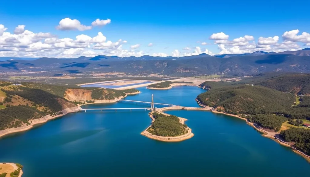 A stunning aerial view of the Santa Clara County Reservoirs, situated amidst the rolling hills and lush greenery of Northern California. In the foreground, the serene waters of the reservoir reflect the azure sky above, dotted with fluffy white clouds. The middle ground reveals the intricate network of dams and waterways that regulate the flow of this precious resource. In the distance, the rugged mountains provide a dramatic backdrop, their slopes cloaked in a tapestry of evergreen trees. The scene is bathed in warm, golden sunlight, creating a picturesque and inviting atmosphere perfect for outdoor recreation and exploration.