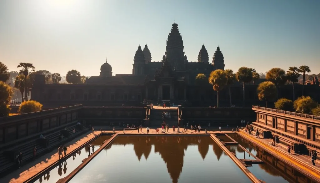 A stunning aerial view of the iconic Angkor Wat temples, their majestic spires rising majestically against a clear blue sky. The intricate stone carvings and ornate architectural details are bathed in warm, golden sunlight, casting long shadows across the temple grounds. In the foreground, a serene reflecting pool mirrors the temples' splendor, creating a breathtaking symmetry. Visitors explore the expansive site, their figures dwarfed by the sheer scale and grandeur of this ancient Khmer masterpiece. The atmosphere is one of reverence and wonder, inviting the viewer to step back in time and immerse themselves in the timeless beauty of Angkor Wat.