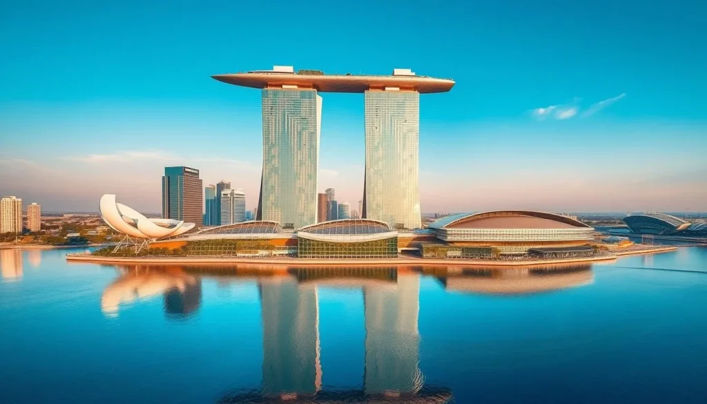 A stunning aerial view of the iconic Marina Bay Sands in Singapore, showcasing its futuristic architectural design against the backdrop of a clear blue sky. The three towers rise majestically, connected at the top by a remarkable SkyPark observation deck, offering panoramic vistas of the city skyline and the scenic waterfront. The reflection of the towers and the surrounding skyscrapers shimmers in the calm waters of the bay, creating a mesmerizing symmetry. The scene is bathed in warm, golden sunlight, casting dramatic shadows and highlights on the sleek, glass-and-steel facade. The overall mood is one of elegance, modernity, and awe-inspiring urban grandeur, perfectly capturing the essence of Singapore's vibrant and dynamic cityscape.