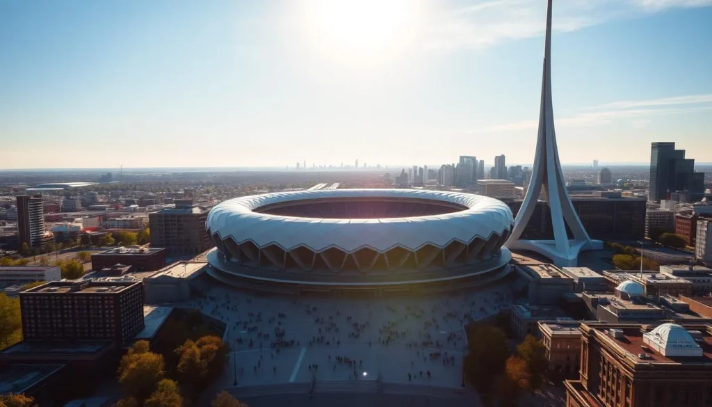 A stunning aerial view of the iconic Olympic Stadium and Tower in Montreal, Canada, bathed in the warm glow of a sunny afternoon. The massive, futuristic stadium with its distinctive slanted roof and the graceful, inclined tower stand tall, commanding the cityscape. In the foreground, the stadium's plaza is bustling with pedestrians, their colors and movements adding vibrancy to the scene. The middle ground features the surrounding neighborhood, with its mix of modern and historic architecture complementing the stadium's bold design. In the background, the city's skyline stretches out, creating a harmonious blend of urban elements. The lighting is soft and natural, casting long shadows and highlighting the architectural details. The overall atmosphere conveys a sense of pride, progress, and the city's architectural splendor.