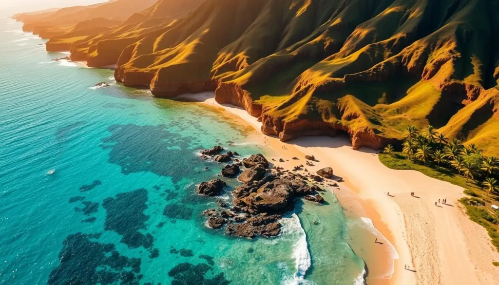 A stunning aerial view of the pristine, white-sand beaches of Kauai, Hawaii. The crystal-clear turquoise waters gently lap against the shore, framed by lush, verdant cliffs and swaying palm trees. Warm, golden sunlight bathes the scene, creating a serene and idyllic atmosphere. In the foreground, people leisurely stroll along the beach, soaking up the island's natural beauty. The middle ground showcases a picturesque cove, with rocky outcroppings and a small, secluded beach accessible only by boat. The background features the rugged, dramatic landscape of Kauai's iconic Na Pali Coast, its towering sea cliffs and verdant valleys creating a breathtaking backdrop. The overall image conveys the tranquility, natural splendor, and quintessential Hawaiian ambiance of Kauai's best beaches.