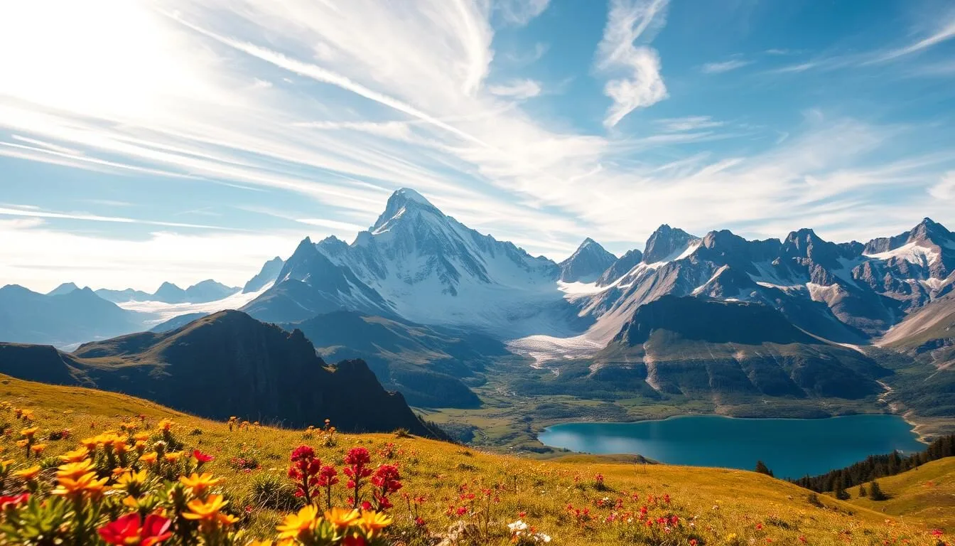 A stunning alpine landscape, with the majestic Finsteraarhorn mountain as the centerpiece. In the foreground, a serene alpine meadow dotted with vibrant wildflowers, bathed in the warm glow of the afternoon sun. In the middle ground, rugged, snow-capped peaks rise up, their jagged edges casting dramatic shadows across the scene. In the distance, a glacier-fed lake reflects the surrounding mountains, its crystal-clear waters shimmering in the light. The sky is a brilliant blue, with wispy clouds drifting overhead, creating a sense of tranquility and grandeur. Capture this breathtaking Swiss Alps landscape, using a wide-angle lens to convey the scale and beauty of the scene.