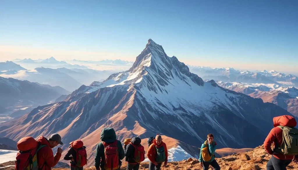 A stunning alpine landscape with the majestic Lyskamm mountain as the focal point. In the foreground, a group of hikers meticulously inspect their gear, securing backpacks and checking equipment. The middle ground reveals a rugged, snow-capped ridge leading up to the mountain's towering peak, bathed in warm, golden light. In the background, a panoramic vista of neighboring peaks and glaciers stretches out, creating a sense of scale and grandeur. The scene conveys a palpable atmosphere of anticipation and preparation for an exhilarating mountain adventure.
