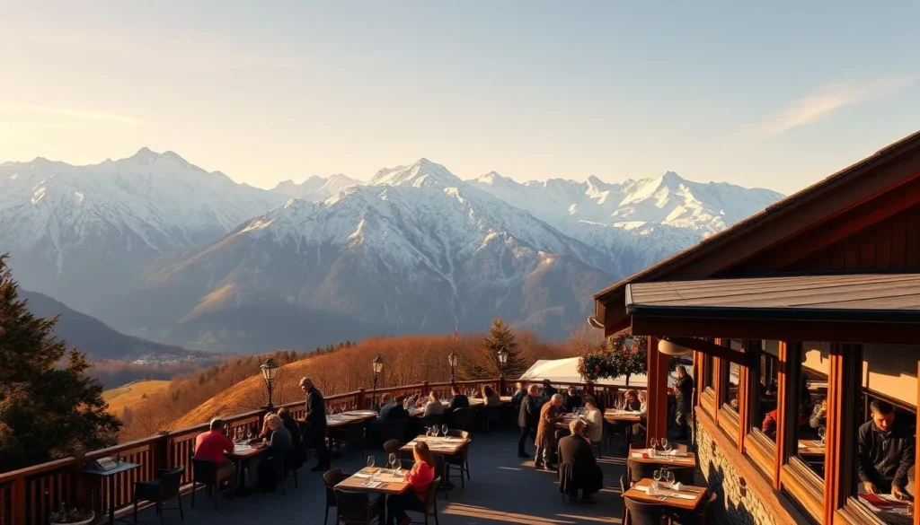 A stunning alpine vista with majestic snow-capped peaks in the distance, bathed in warm, golden sunlight. In the foreground, a charming mountain restaurant with a large terrace, its wooden facade blending seamlessly with the rugged landscape. Patrons sit at cozy tables, enjoying local delicacies and taking in the breathtaking panoramic views. The interior is inviting, with large windows framing the dramatic scenery outside. A crisp, clear day with a slight breeze, creating an atmosphere of tranquility and culinary delight amidst the grandeur of the Swiss Alps.