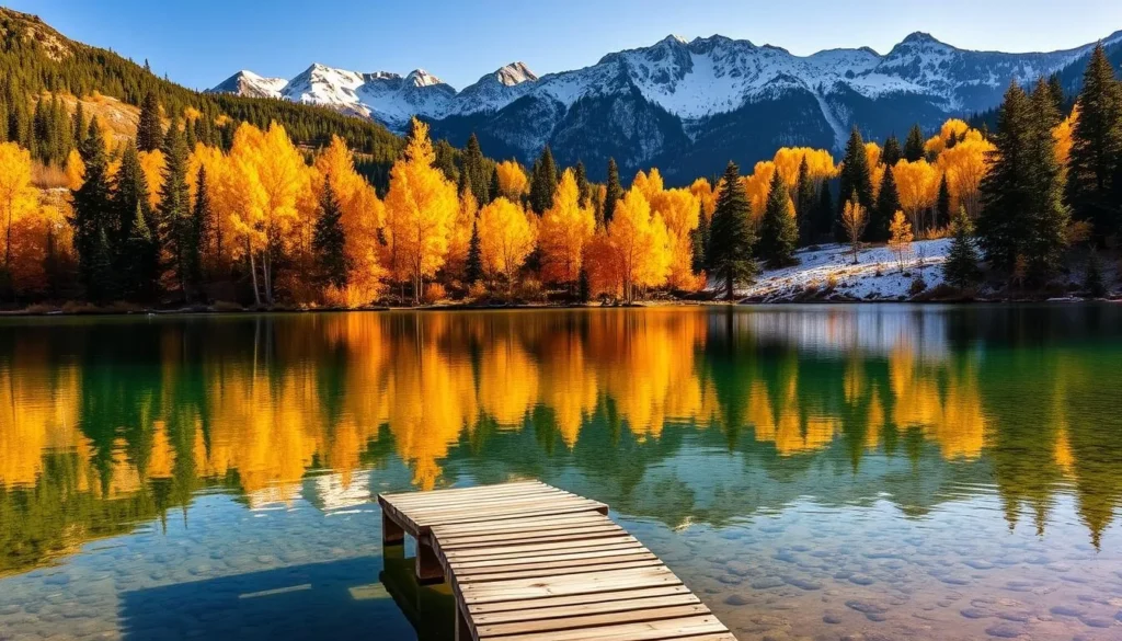A stunning autumn landscape at Convict Lake, California, showcasing the vibrant hues of the season. The crystal-clear waters of the lake reflect the golden foliage of the surrounding trees, creating a serene and picturesque scene. In the foreground, a small wooden dock juts out into the tranquil lake, inviting visitors to take in the breathtaking view. The middle ground features a mix of evergreen and deciduous trees, their leaves ablaze with shades of red, orange, and yellow. The background is dominated by the majestic Sierra Nevada mountains, their snow-capped peaks providing a dramatic contrast to the warm tones of the foliage. The lighting is soft and warm, casting a golden glow over the entire scene, creating a perfect autumn day at Convict Lake.