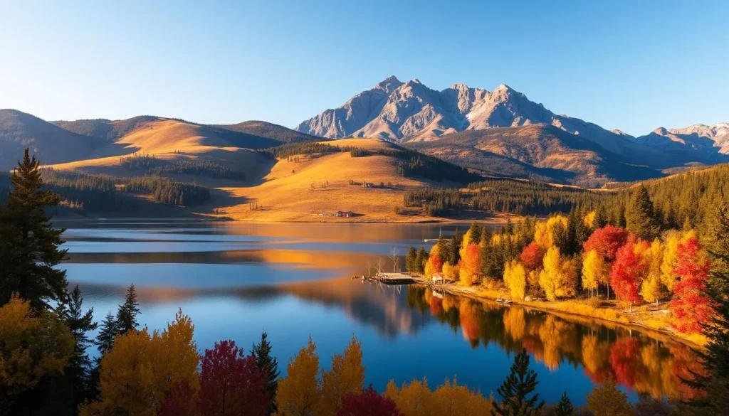 A stunning autumn landscape at Goose Lake, California. In the foreground, vibrant golden and crimson foliage lines the lakeshore, creating a cozy, inviting atmosphere. The placid waters reflect the surrounding trees, creating a mirror-like surface. In the middle ground, rolling hills covered in lush greenery rise up, their slopes dotted with quaint cabins and rustic wooden docks. The background features a dramatic mountain range, their jagged peaks piercing the clear, azure sky. Warm, diffused sunlight bathes the entire scene, casting a soft, golden glow and casting long shadows across the landscape. The overall mood is one of tranquility, natural beauty, and the perfect setting to enjoy the best of Goose Lake.