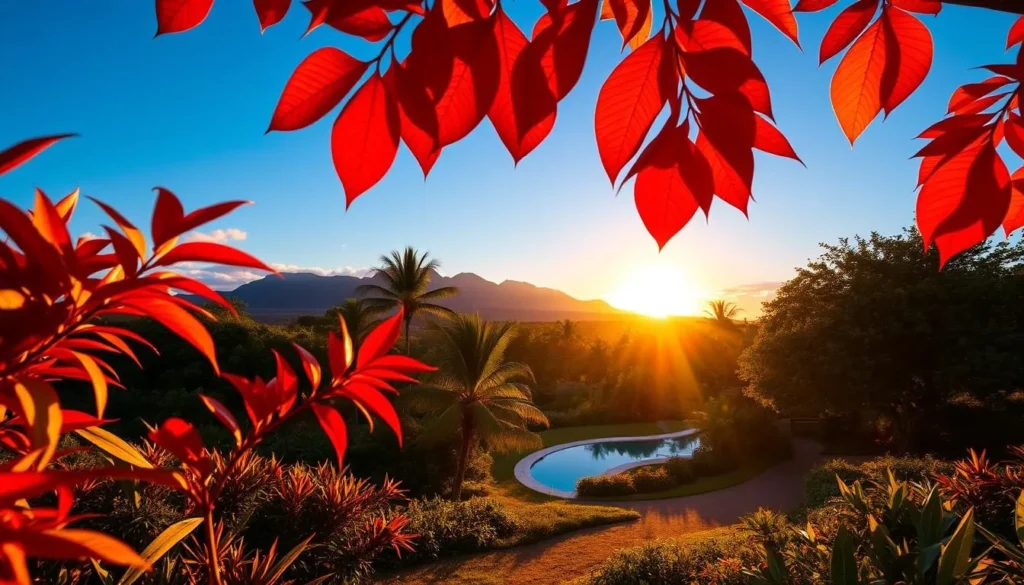 A stunning autumn landscape in Maui, Hawaii, where the golden hues of the setting sun cast a warm glow over the lush tropical foliage. In the foreground, vibrant red ti leaves sway gently in the gentle breeze, framing a winding path that leads the eye towards a tranquil pool, its surface reflecting the brilliant colors of the sky. In the middle ground, towering palm trees and verdant koa trees provide a verdant backdrop, their leaves rustling softly. In the distance, the silhouettes of majestic volcanic peaks rise against the backdrop of a cloudless, deep blue sky, creating a serene and picturesque scene that captures the essence of fall in this island paradise.
