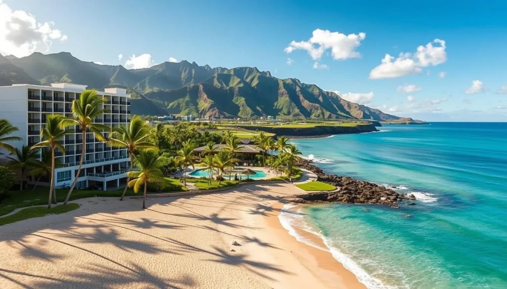 A stunning beachfront resort nestled along the pristine Kalapaki Beach on the island of Kauai, Hawaii. The Kalapaki Beach Marriott Resort stands tall, its modern architecture blending seamlessly with the lush tropical landscape. In the foreground, white sand beaches stretch out, inviting visitors to sink their toes into the warm, golden grains. Swaying palm trees line the shore, casting gentle shadows on the turquoise waters of the Pacific Ocean. In the middle ground, the resort's swimming pools and lush gardens come into view, offering a tranquil oasis for guests to relax and unwind. The background features the stunning verdant cliffs and mountains that characterize the Garden Isle, creating a picturesque and serene setting for this idyllic Hawaiian getaway. Bright, warm sunlight bathes the scene, highlighting the resort's inviting atmosphere and the natural beauty that surrounds it.