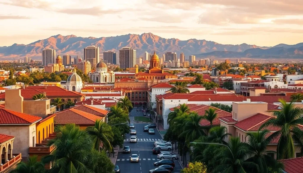 A stunning cityscape of Hermosillo, the vibrant capital of Sonora, Mexico. In the foreground, charming colonial-style buildings with terracotta roofs line the bustling streets, their warm hues complemented by the lush greenery of palm trees. The middle ground reveals the modern skyline, a mix of high-rise buildings and historical architecture, bathed in the soft, golden light of a late afternoon sun. In the background, majestic mountains rise, their rugged peaks framing the scene. The overall atmosphere is one of dynamic contrast, where the old and new coexist in perfect harmony, creating a captivating and quintessentially Hermosillo cityscape.