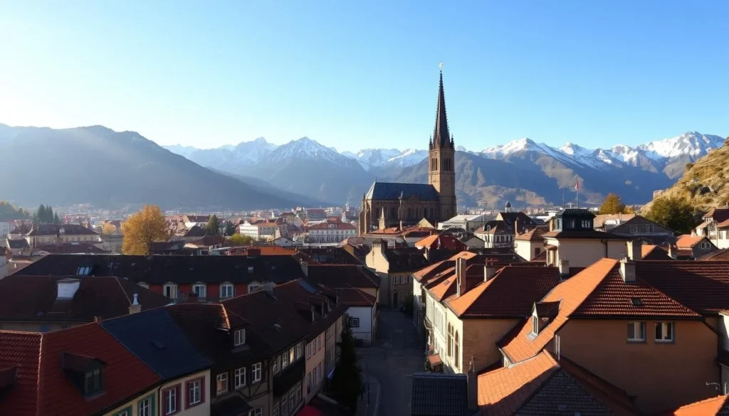 A stunning cityscape of Sion, Switzerland, bathed in warm sunlight. In the foreground, charming red-roofed buildings and cobblestone streets wind through the historic old town. The middle ground features the iconic Sion Cathedral, its gothic spires rising majestically against a clear blue sky. Behind it, the rugged peaks of the Swiss Alps form a dramatic backdrop, their snow-capped summits glistening in the afternoon light. A vibrant, lively scene that captures the essence of this picturesque Swiss city, the sunniest in the country.