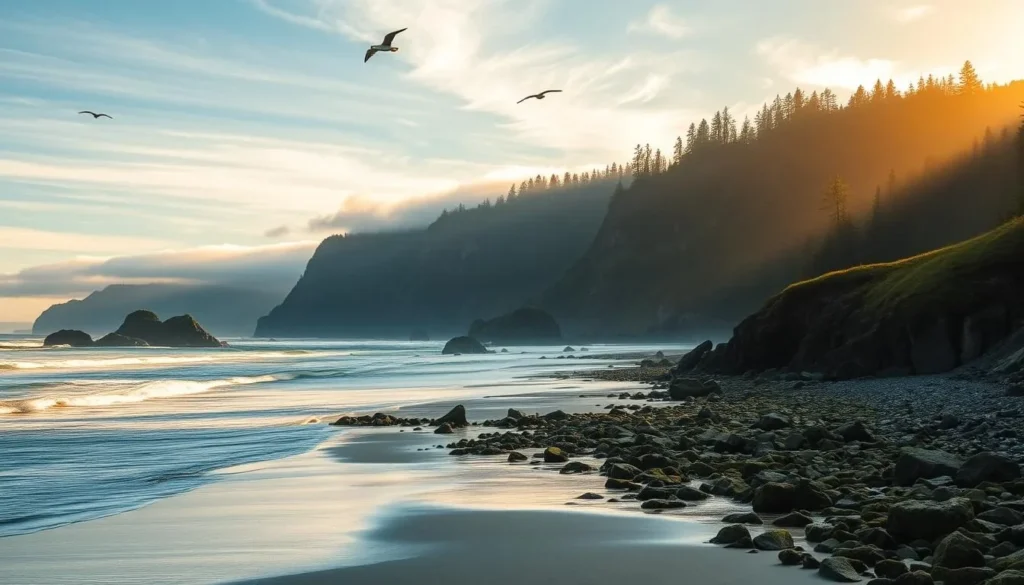 A stunning coastal landscape along the Tillamook shoreline, with towering cliffs and lush evergreen forests in the background. In the foreground, a picturesque sandy beach stretches out, with gentle waves lapping at the shore. The warm sunlight filters through wispy clouds, casting a soft, golden glow over the scene. Seabirds soar overhead, their cries adding to the tranquil atmosphere. The middle ground features a rocky tidepools, teeming with marine life. The overall mood is one of serene natural beauty, inviting the viewer to explore the rugged yet enchanting Tillamook coastline.