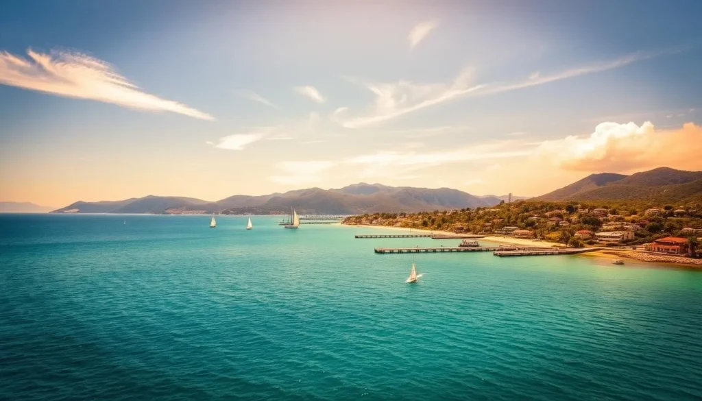 A stunning coastal vista of Two Harbors, Catalina Island, on a picturesque sunny day. The tranquil, turquoise waters of the Pacific Ocean stretch out in the foreground, dotted with sailboats and kayaks. In the middle ground, charming beach cottages and piers line the shoreline, with lush, rolling hills in the background. Warm, golden sunlight filters through wispy clouds, casting a soft, natural glow over the scene. The overall atmosphere is one of serene, laid-back island living, inviting the viewer to imagine themselves stepping into this peaceful, picture-perfect corner of Southern California.