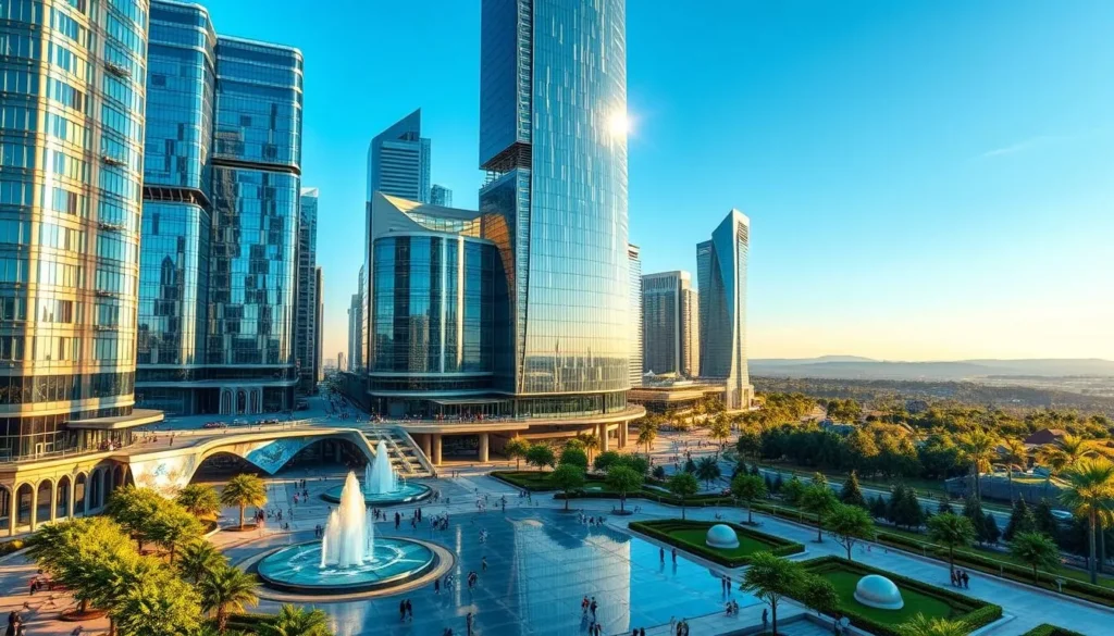 A stunning glass city, with towering skyscrapers made of shimmering, crystalline panels that reflect the azure sky above. In the foreground, a bustling plaza with sleek, modern fountains and lush, manicured greenery. People stroll leisurely, admiring the architectural marvels that surround them. The midground reveals a network of elevated walkways and bridges, connecting the various structures in a seamless, organic flow. In the distance, the silhouettes of distant hills and forests create a serene, natural backdrop, contrasting with the urban elegance of the city. Warm, golden sunlight filters through the glass, casting a soft, inviting glow over the entire scene.