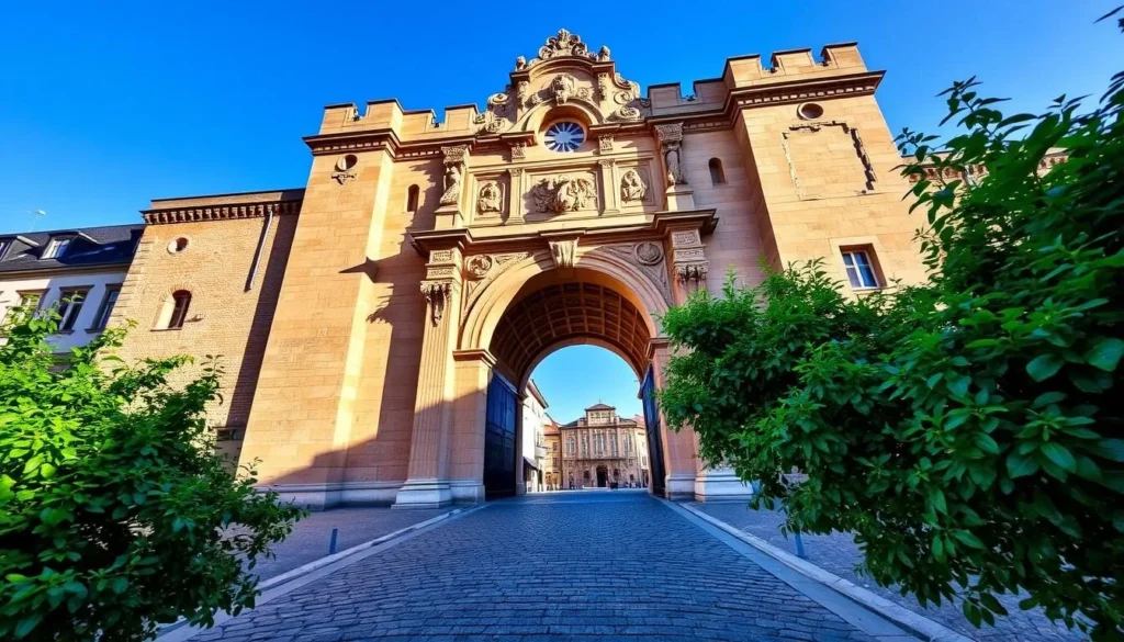 A stunning historic gate, the Spalentor, standing tall against a backdrop of clear blue skies. Intricate stone carvings adorn the archway, casting soft shadows across the cobblestone path leading towards the gate's entrance. Sunlight dapples the facade, highlighting the warm tones of the sandstone and the ornate details that have withstood the test of time. In the foreground, lush greenery frames the scene, adding a touch of natural beauty to this iconic Basel landmark. The overall atmosphere exudes a sense of timeless elegance and invites the viewer to step back in time and explore the rich history of this captivating Swiss city.
