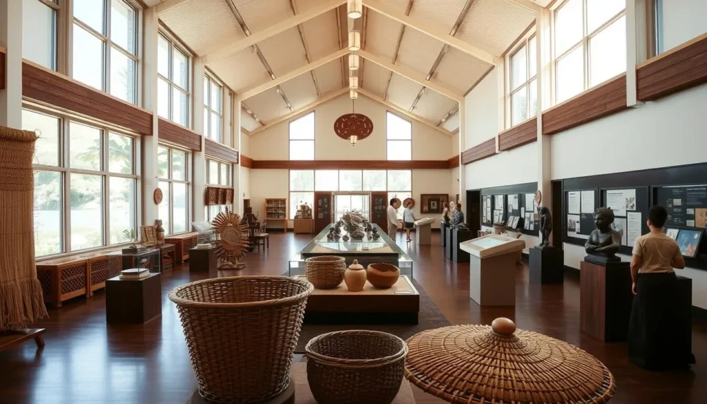 A stunning interior view of the Lānaʻi Culture & Heritage Center, showcasing its well-curated exhibits. Bright natural light filters through large windows, casting a warm glow on the intricate Hawaiian artifacts and cultural displays. In the foreground, traditional tapa cloth, hand-woven baskets, and carved wooden sculptures command attention. The middle ground features informative panels and interactive exhibits, inviting visitors to immerse themselves in the rich history and traditions of Lānaʻi. The background reveals a serene, peaceful ambiance, evoking a sense of reverence and connection to the island's heritage. Captured with a wide-angle lens to capture the full grandeur of the space, this image conveys the engaging and educational experience visitors can expect at the Lānaʻi Culture & Heritage Center.