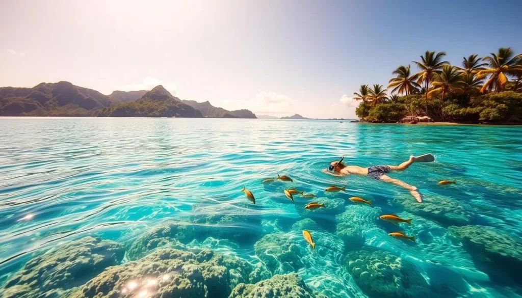 A stunning lagoon in the Tuamotus Islands, French Polynesia, with crystal clear turquoise waters. In the foreground, a snorkeler gracefully explores the vibrant coral reef, surrounded by schools of tropical fish. The middle ground features a serene beach with swaying palm trees, while the background showcases the lush, verdant islands. The scene is bathed in warm, golden sunlight, creating a serene and inviting atmosphere. Capture the essence of this paradise with a high-quality, photorealistic image.