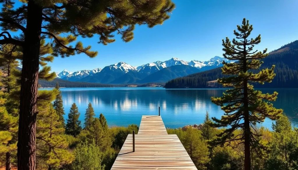 A stunning lakeside landscape with Bass Lake, California as the focal point. The crystal-clear waters reflect the picturesque Sierra Nevada mountains in the background, their snow-capped peaks creating a breathtaking backdrop. In the foreground, lush green forests and rolling hills frame the serene scene, with a wooden dock or jetty extending into the calm waters. Warm sunlight filters through the trees, casting a soft, golden glow over the entire landscape. The mood is peaceful and tranquil, inviting the viewer to imagine themselves immersed in this hidden gem of California's natural beauty.