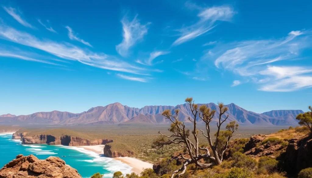A stunning landscape of Cape Range National Park on a clear, sunny day. In the foreground, rugged cliffs and a pristine white-sand beach stretch out along the turquoise waters of the Indian Ocean. In the middle ground, tall, twisted eucalyptus trees sway gently in the breeze. The background features the dramatic outline of the Cape Range mountains, their peaks bathed in warm, golden light. Wispy clouds drift across a vibrant blue sky, casting gentle shadows on the undulating terrain below. The scene evokes a sense of tranquility and natural beauty, perfectly capturing the ideal conditions for visiting this breathtaking Western Australian destination.