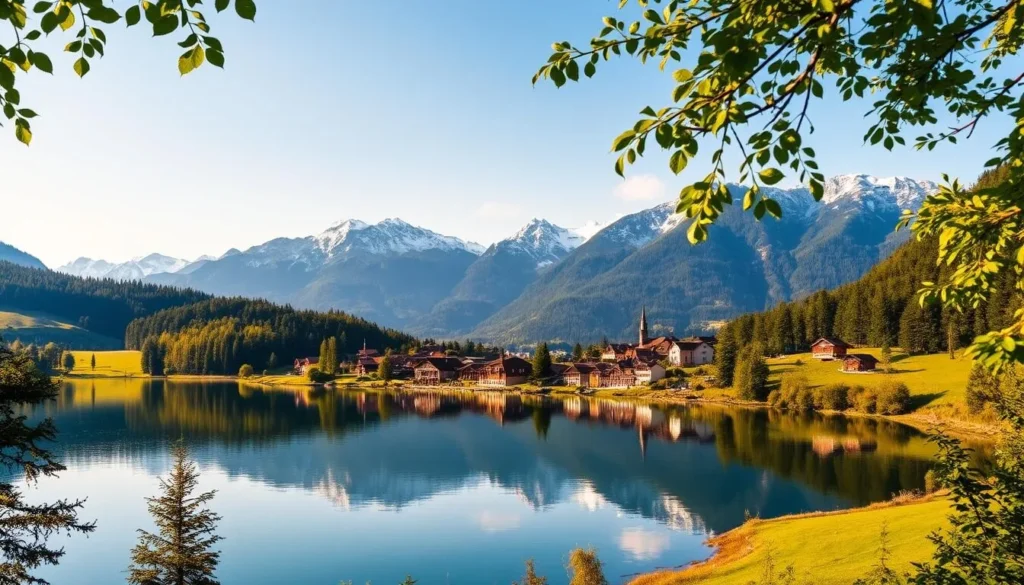 A stunning landscape of Lake Sempach, nestled amidst the rolling hills of Switzerland's countryside. The crystal-clear waters reflect the majestic peaks of the surrounding mountains, their snow-capped summits glistening in the warm, golden sunlight. In the foreground, a picturesque village with charming, traditional Swiss architecture dots the shoreline, its colorful roofs and wooden structures perfectly mirrored in the calm, mirror-like surface of the lake. Lush, verdant forests and meadows frame the scene, creating a serene and tranquil atmosphere. A gentle breeze rustles the leaves, adding a soothing, natural soundtrack to this enchanting and peaceful landscape.