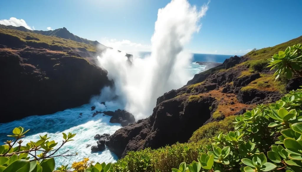 A stunning landscape of Nakalele Blowhole, Maui's natural wonder, with powerful ocean waves crashing against the rugged volcanic cliffs. The blowhole erupts in a magnificent display of water and mist, reaching high into the bright, sunlit sky. Lush, verdant foliage frames the dramatic scene, creating a captivating balance between the raw power of nature and the tranquil beauty of the island. Capture the wonder and awe of this remarkable geological formation through a well-composed, high-resolution photograph with a wide-angle lens, showcasing the dramatic scale and breathtaking details of this Maui treasure.