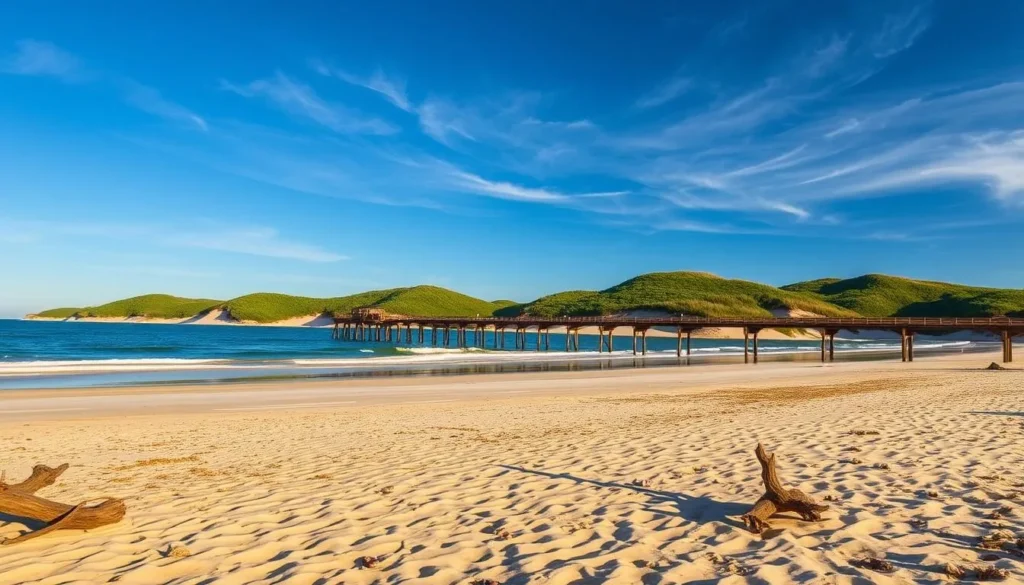 A stunning landscape of Portsmouth Island, North Carolina, bathed in warm sunlight. In the foreground, a serene sandy beach stretches out, dotted with driftwood and seashells. The middle ground features a picturesque wooden pier, casting long shadows on the glistening waters. In the background, rolling dunes covered in lush greenery rise up, framing the scene. The sky is a clear, vibrant blue, with wispy clouds drifting overhead. The atmosphere is one of tranquility and natural beauty, inviting the viewer to explore this hidden gem of the Outer Banks.