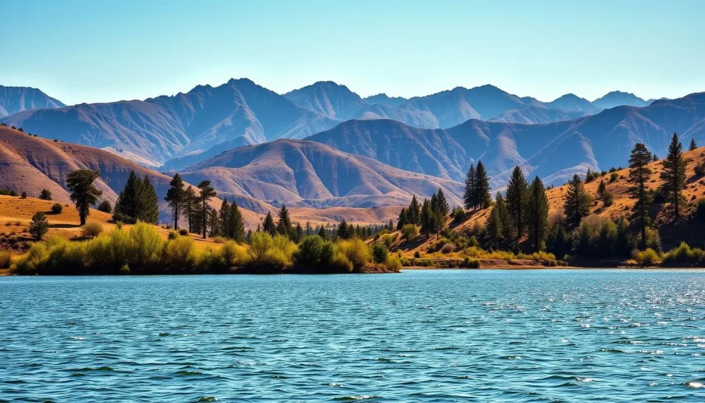 A stunning landscape of the American River Reservoir in California, captured on a picturesque day. In the foreground, the glistening waters of the reservoir reflect the surrounding hills and lush vegetation. The middle ground features a gentle shoreline dotted with tall pines and other native flora. In the background, rugged mountains rise up, their peaks bathed in warm, golden sunlight that casts a serene, tranquil atmosphere over the entire scene. The image is framed with a wide, panoramic perspective, showcasing the breathtaking natural beauty of this hidden gem in the heart of the American West.