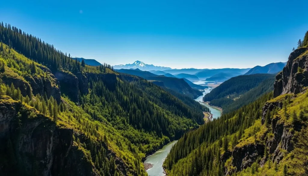 A stunning landscape of the Columbia River Gorge, Oregon, on a bright, sunny day. In the foreground, a winding river cuts through towering, rugged cliffs blanketed in lush, verdant vegetation. Sunlight filters through the canopy, casting a warm, golden glow over the scene. In the middle ground, rolling hills and forested slopes rise up, leading the eye towards the distant horizon. Majestic, snow-capped peaks pierce the clear, blue sky, creating a dramatic backdrop. The overall atmosphere conveys a sense of serene, natural beauty and awe-inspiring grandeur.